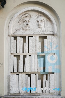 Stone Bookcase Sculpture In Krakow Stock Photo