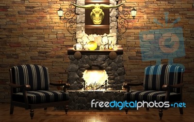 Stone Fireplace And Chairs Stock Image