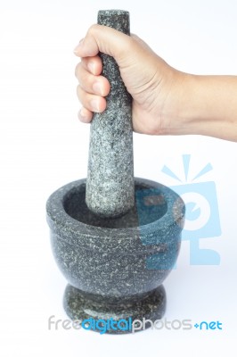 Stone Mortar And Pestle On White Background Stock Photo