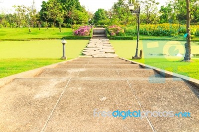 Stone Walkway Across Water In The Park Stock Photo