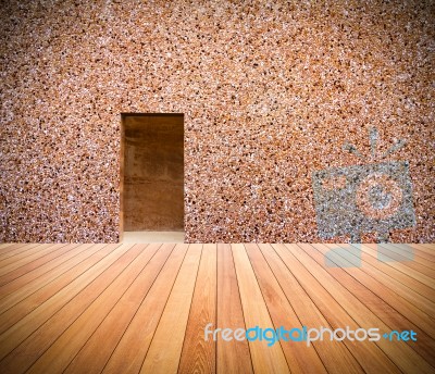 Stone Wall With Door And Wood Floor In Front Off Stock Photo