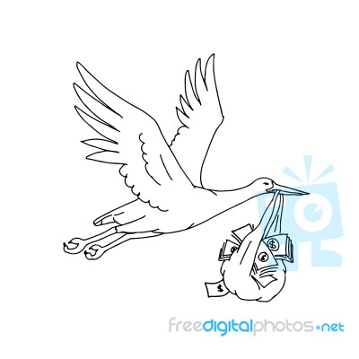 Stork Delivering Money Bag Drawing Stock Image