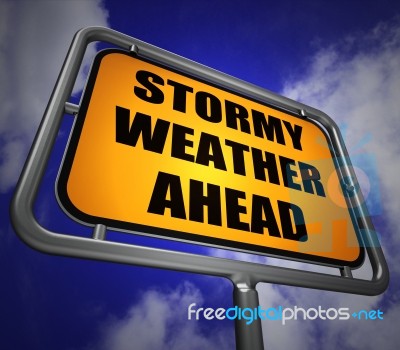Stormy Weather Ahead Signpost Shows Storm Warning Or Danger Stock Image