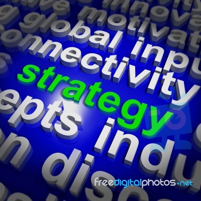 Strategy Word Cloud Shows Business Solution Or Management Goal Stock Image