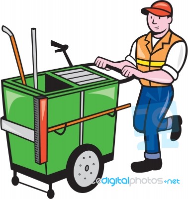 Streeet Cleaner Pushing Trolley Cartoon Isolated Stock Image