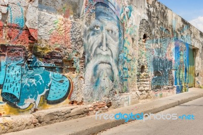 Street Art Graffiti On A Wall In The Street Of Cartagena, Colomb… Stock Photo