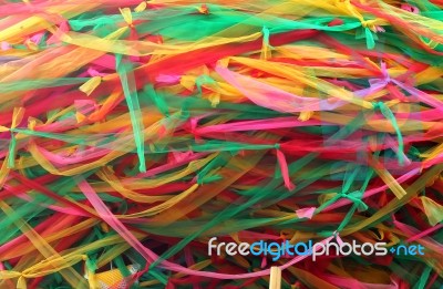 Strips Of Different Colored Fabric Ribbons Decorate A Bodhi Tree… Stock Photo