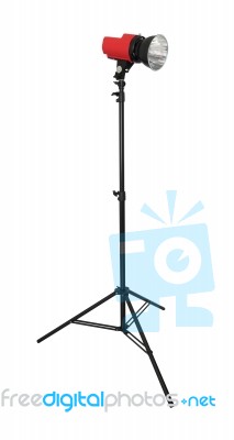 Strobe Flash Light With Stand On White Background Stock Photo