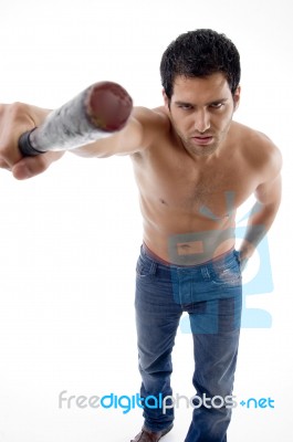 Strong Male Showing Stick Stock Photo