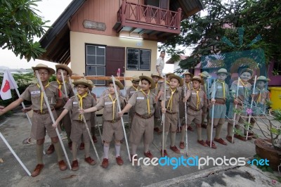 Student 11-12 Years Old, Scout Assembly, Teepangkorn Scout Camp In Samut Sakhon Thailand Stock Photo