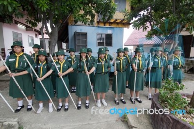 Student 11-12 Years Old, Scout Assembly, Teepangkorn Scout Camp In Samut Sakhon Thailand Stock Photo