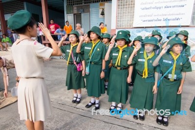 Student 9-10 Years Old, Scout Assembly, Scout Camp In Bangkok Thailand Stock Photo