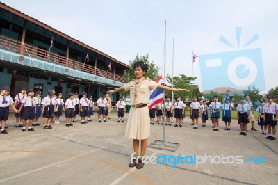 Student 9-10 Years Old, Scout Assembly, Scout Camp In Bangkok Thailand Stock Photo