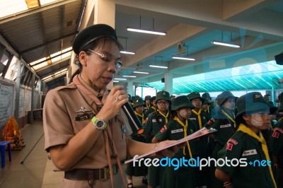 Student 9-10 Years Old, Scout Assembly, Scout Camp In Bangkok Thailand Stock Photo
