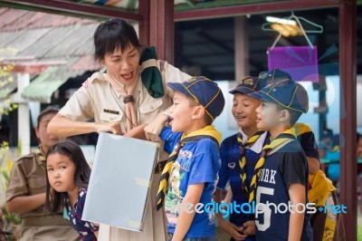 Student 9-10 Years Old, Scout In Adventure Activities, Scout Camp School Bangkok Thailand Stock Photo