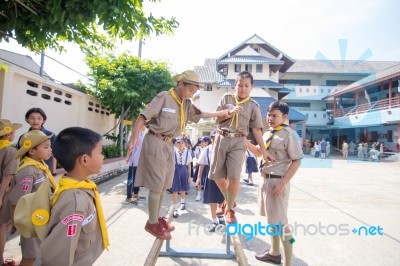 Student 9-10 Years Old, Scout In Adventure Activities, Scout Camp School Bangkok Thailand Stock Photo