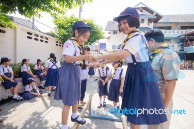 Student 9-10 Years Old, Scout In Adventure Activities, Scout Camp School Bangkok Thailand Stock Photo