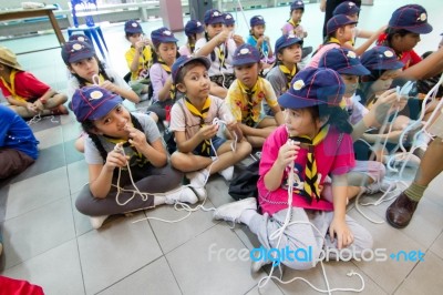 Student 9-10 Years Old, Scout Learn Usage Rope, Scout Camp Bangkok Thailand Stock Photo