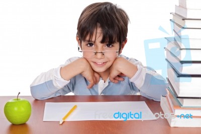 Studying Young Boy Gives Strange Look Wearing Specs Stock Photo