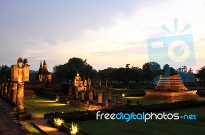 Sukhothai Historical Park At Twilight, The Old Town Of Thailand Stock Photo