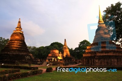 Sukhothai Historical Park At Twilight, The Old Town Of Thailand Stock Photo