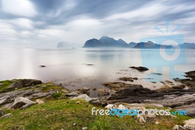 Summer Cloudy Lofoten Islands. Norway Misty Fjords Stock Photo