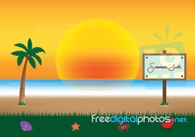 Summer Sale Promotion Season With Board And Sea Beach Background… Stock Image