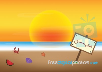 Summer Sale Promotion Season With Board And Sea Beach Background… Stock Image