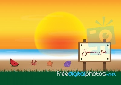 Summer Sale Promotion Season With Board And Sea Beach Background… Stock Image