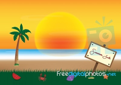Summer Sale Promotion Season With Board And Sea Beach Background… Stock Image