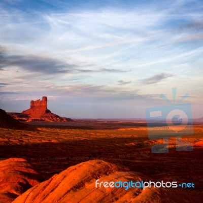Sun Fading Over Monument Valley Stock Photo