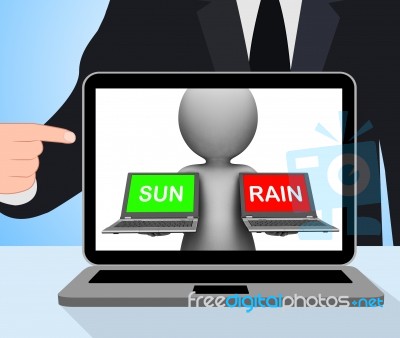 Sun Rain Laptops Displays Weather Forecast Sunny Or Raining Stock Image
