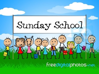 Sunday School Banner Indicates Youths Child And Faith Stock Image