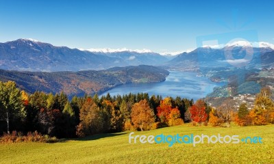 Sunny Autumn Day On The Lake In Mountains Of South Austria Stock Photo