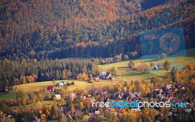 Sunny October Day In Mountain Village. Autumn In Poland Stock Photo