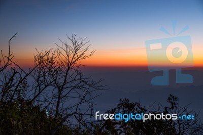 Sunrise And Sea Of Mist Stock Photo