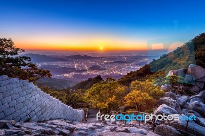 Sunrise At Baegundae Peak And Bukhansan Mountains In Autumn,seoul In South Korea Stock Photo