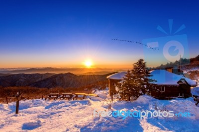 Sunrise At Deogyusan Mountains In Winter,south Korea Stock Photo