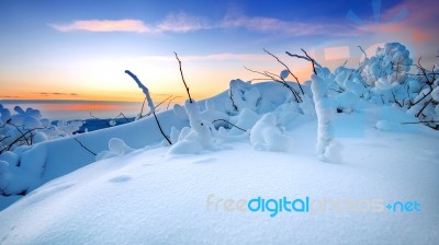 Sunrise On Deogyusan Mountains Covered With Snow In Winter,south Korea Stock Photo