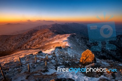 Sunrise On Deogyusan Mountains Covered With Snow In Winter,south Korea Stock Photo