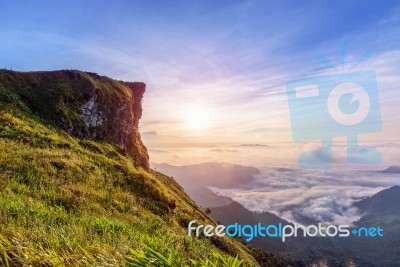 Sunrise On Phu Chi Fa Forest Park, Thailand Stock Photo