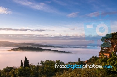 Sunrise Over Val D'orcia In Tuscany Stock Photo
