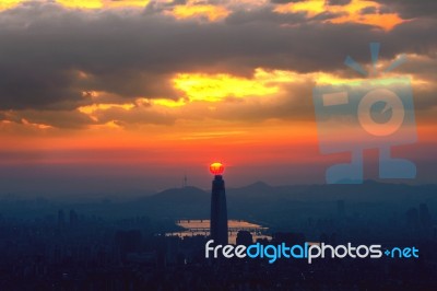Sunset And Beautiful Sky At Lotte World Mall In Seoul,south Korea.the Best View Of South Korea At Namhansanseong Fortress.( Dark Tone) Stock Photo