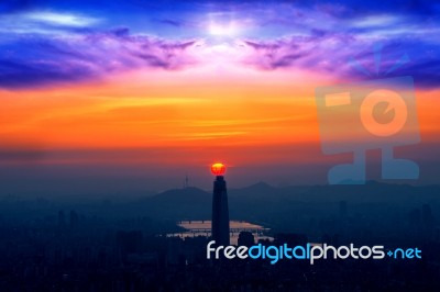 Sunset And Beautiful Sky At Lotte World Mall In Seoul,south Korea.the Best View Of South Korea At Namhansanseong Fortress.( Dark Tone) Stock Photo
