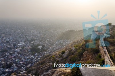 Sunset At Nahargarh Fort And Wiew To Jaipur Stock Photo