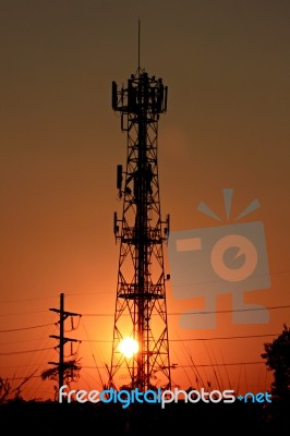 Sunset Of Phone Antenna Stock Photo