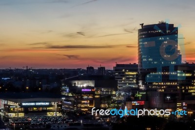 Sunset Over The Skyline In Warsaw Stock Photo