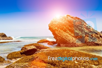 Sunset Rocks On Beach Stock Photo