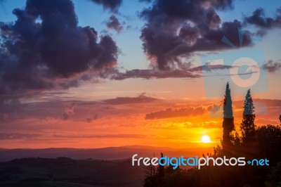Sunset Val D'orcia Tuscany Stock Photo