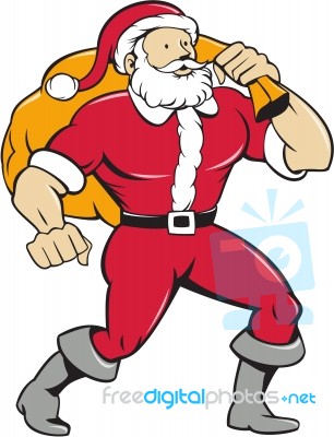 Super Santa Claus Carrying Sack Isolated Cartoon Stock Image